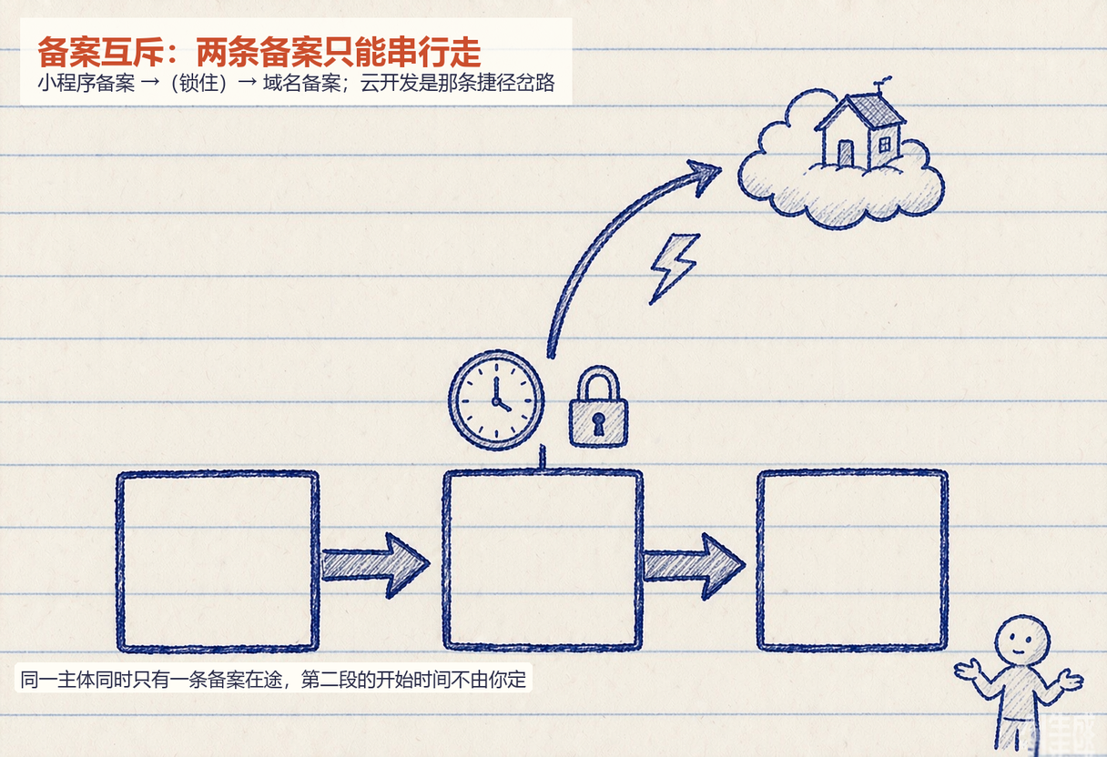 手记 · 备案互斥：同一主体两条备案只能串行，第二段的起点你控制不了；云开发是绕开整条链子的那个岔路口